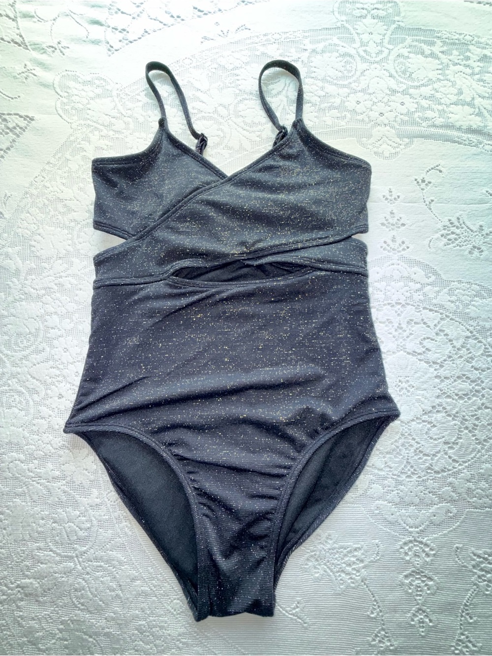 art class Girls Black Metallic Sparkle Cutout One Piece Swimsuit Size XL (14)